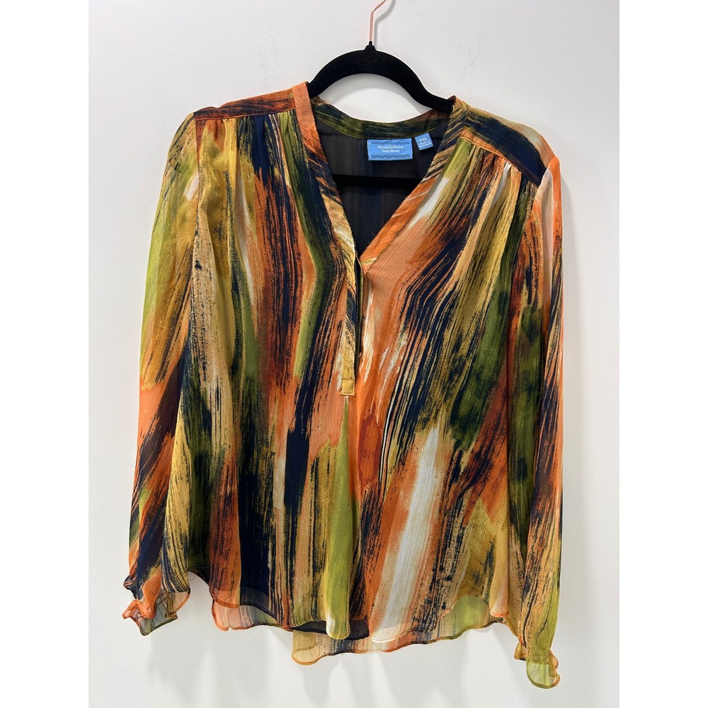 Simply Vera Vera Wang Blouse Womens PXL Abstract Brushstroke Chiffon V-Neck Top‎